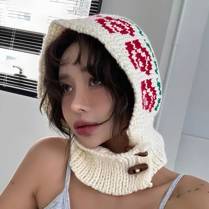 Korean Retro Balaclava Hat Winter Rose Jacquard Knitted Thermal Cover Neck Protection Integrated Ski Beanie Cap for Women's