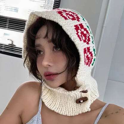 Korean Retro Balaclava Hat Winter Rose Jacquard Knitted Thermal Cover Neck Protection Integrated Ski Beanie Cap for Women's