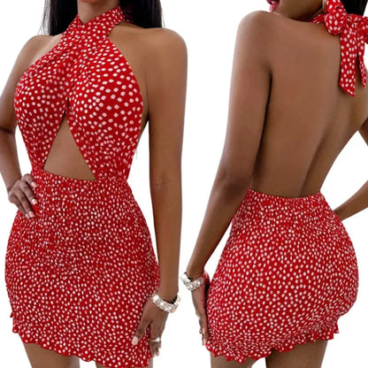 Women Close-fitting Backless Dress Sexy Floral Printed Pattern Halter Neck Hollow Out Short Dresses Summer Club Wear