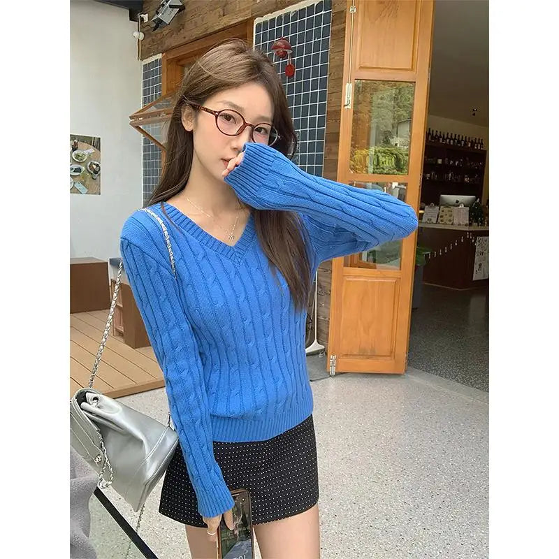 Autumn Winter New Blue Short Knitted Pullover Twists Sweater Korean Fashion Women's V Neck Long Sleeved Versatile Crochet Tops