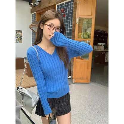 Autumn Winter New Blue Short Knitted Pullover Twists Sweater Korean Fashion Women's V Neck Long Sleeved Versatile Crochet Tops