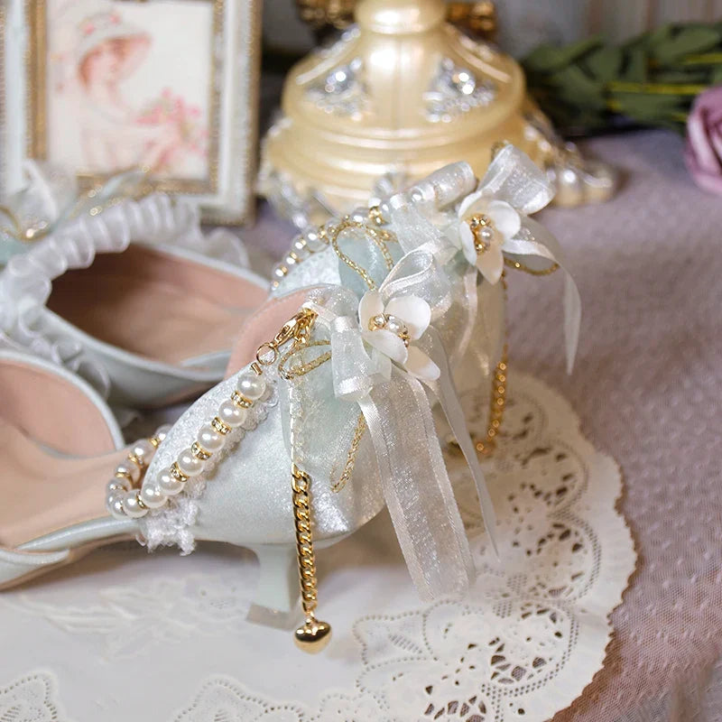 One Night Story Original Lolita Shoes Slim Heels Chinese Style Lolita Pointed Sandals High Heels Handmade Flower Wedding Shoes