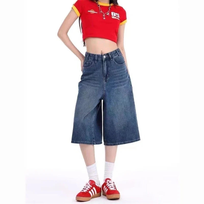 Women's Summer Wide-leg Blue Denim Capris Street New Baggy Straight Calf-length Jeans Female High Waisted Short Trousers