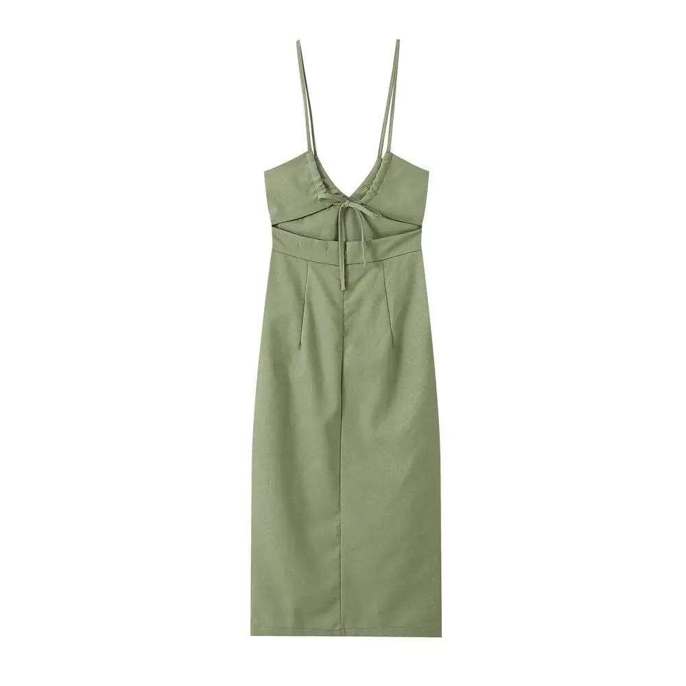 V-neck Green Slip Sexy Backless Dress For Summer Slim Slit Vacation Beach Long Dress Cotton Linen Blend Woman Clothing