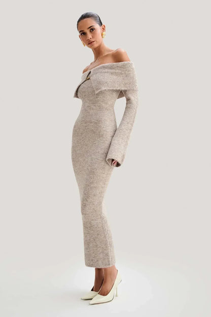 Off Shoulder Rib Knit Fold Over Collar Bodycon Maxi Dress