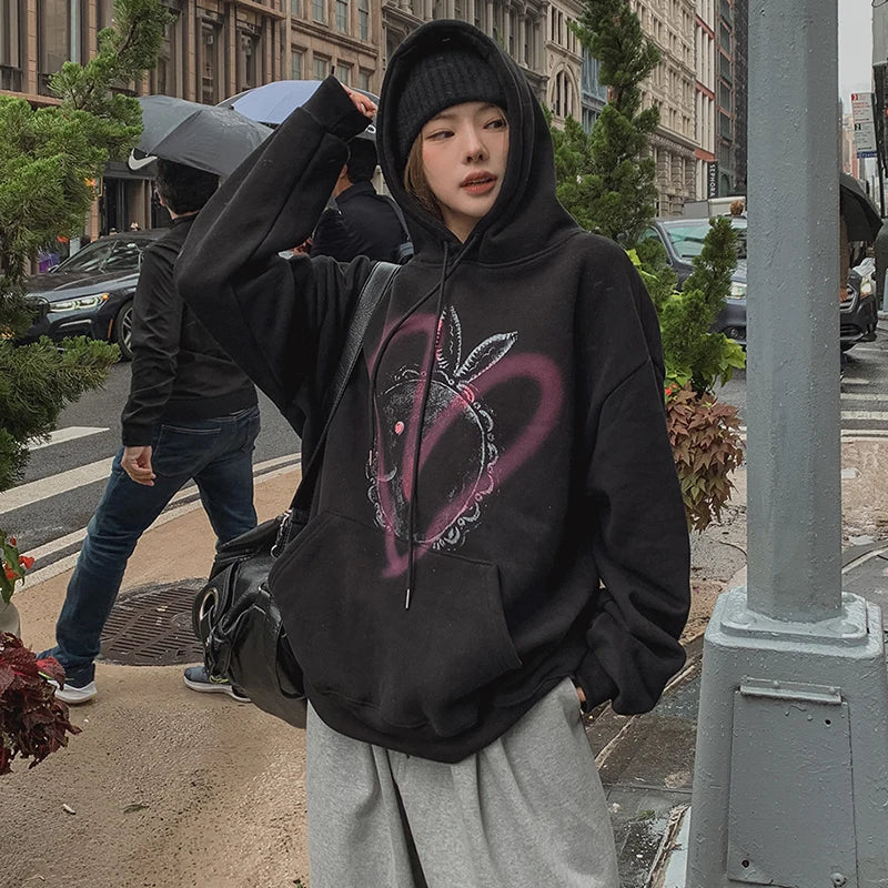 American Street Fun Unisex Graffiti Print Hooded Hoodie Women's Loose Oversize Coat