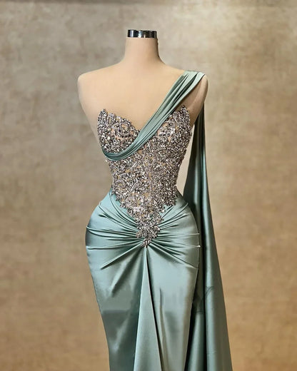 Luxurious Crystal Sparkling Mermaid Evening Gown With Satin Pleated Vest Dress Sexy Off Shoulder Party Dance Dress Customization