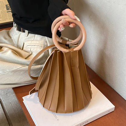 Retro Round Wood Handle Tote Clutch Bag For Women Designer Pleated Striped Bucket Handbag Pu Leather Shoulder Crossbody Bags