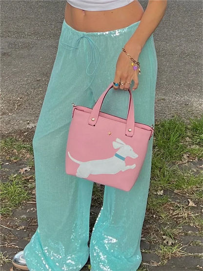 Loose Solid Color Sequin Pants Woman Cinched Waist Glitter Straight Baggy Long Pants Casual Street Chic Sparkle Women's Trousers