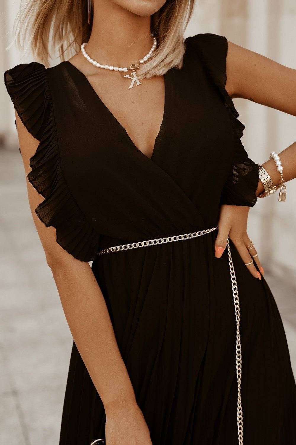 Deep V Wrap Ruffle Cap Sleeve Pleated Self Tie Belt Accordion Maxi Dress