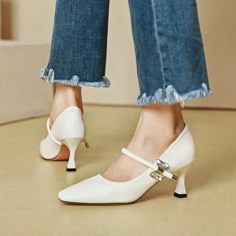Fashion Elegant High Heels for Women Square Toe Thin Heels Office Shoes Fashion Shallow Diamond Bow Mary Jane Shoes Women Pumps