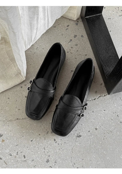Elegant Burgundy Square Toe Loafers Women Fashion Metal Buckle Stitching Designer Shoes Comfortable Commuting Flat Office Shoes