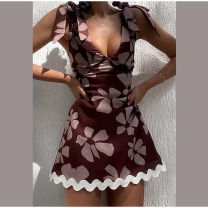 Sexy Printed V-neck Short Dresses Women Lace Up Sleeveless Backless Sling Wave Dress 2024 Summer A-line Lady Mini Party Vestidos