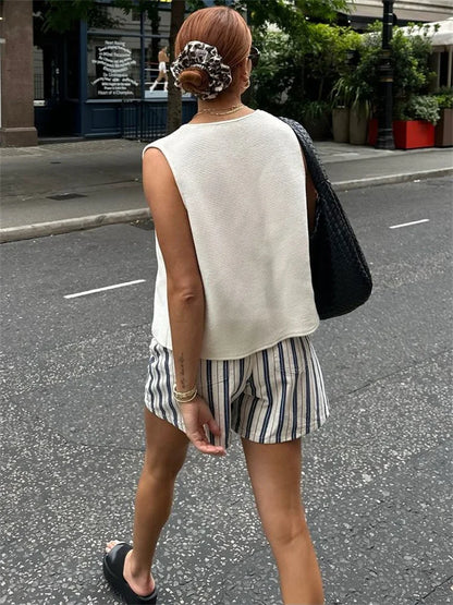 Ribbed Fashion Bandage Cardigan Tank Top Female V-Neck Sleeveless Lace-Up Cropped Vest Top High Waist Casual Summer Top