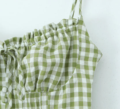 Holiday Style Summer Women's Dress Lace Splicing Sweet Lace Waist Back Green Plaid Dresses Elegant Fashion Long Dress