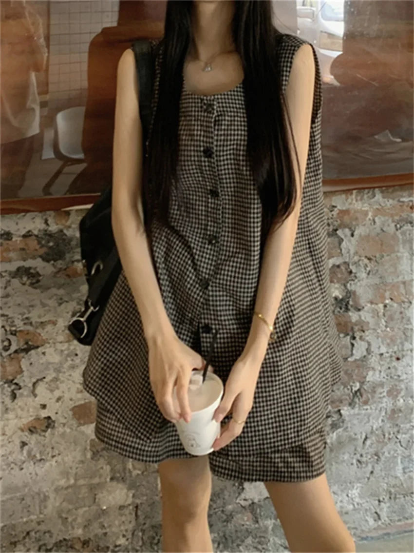 Minimalist Women Two Pieces Suits Chic Office Lady Vest Coats Plaid Wide Leg Shorts Loose Work Wear Elegant Set