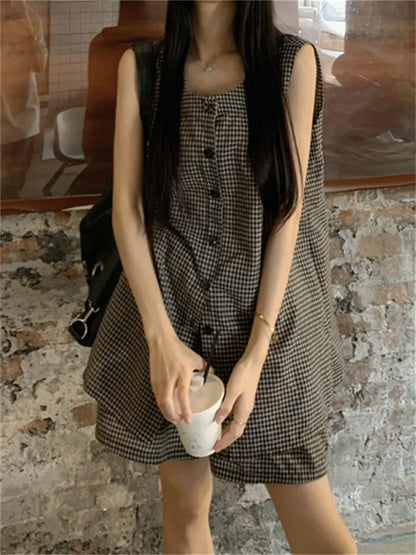 Minimalist Women Two Pieces Suits Chic Office Lady Vest Coats Plaid Wide Leg Shorts Loose Work Wear Elegant Set