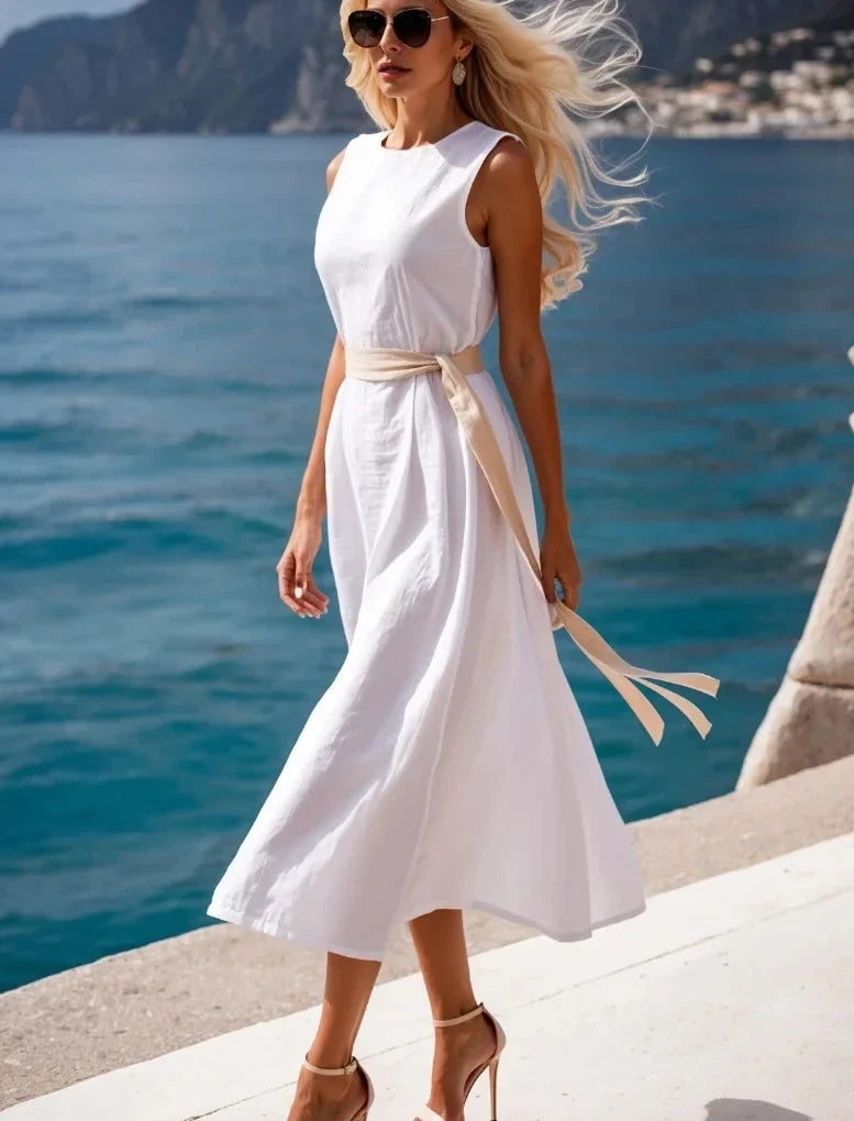 Women's White Loose Fit Summer Sleeveless Linen Midi Belted Waist Dress