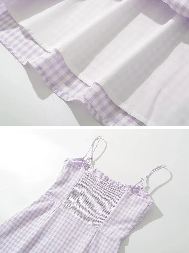 Spaghetti Strap Tie Up Plaid Dress Women Summer Beach Midi Sundress Strapless Retro Pink Short Vestidos Female Dress