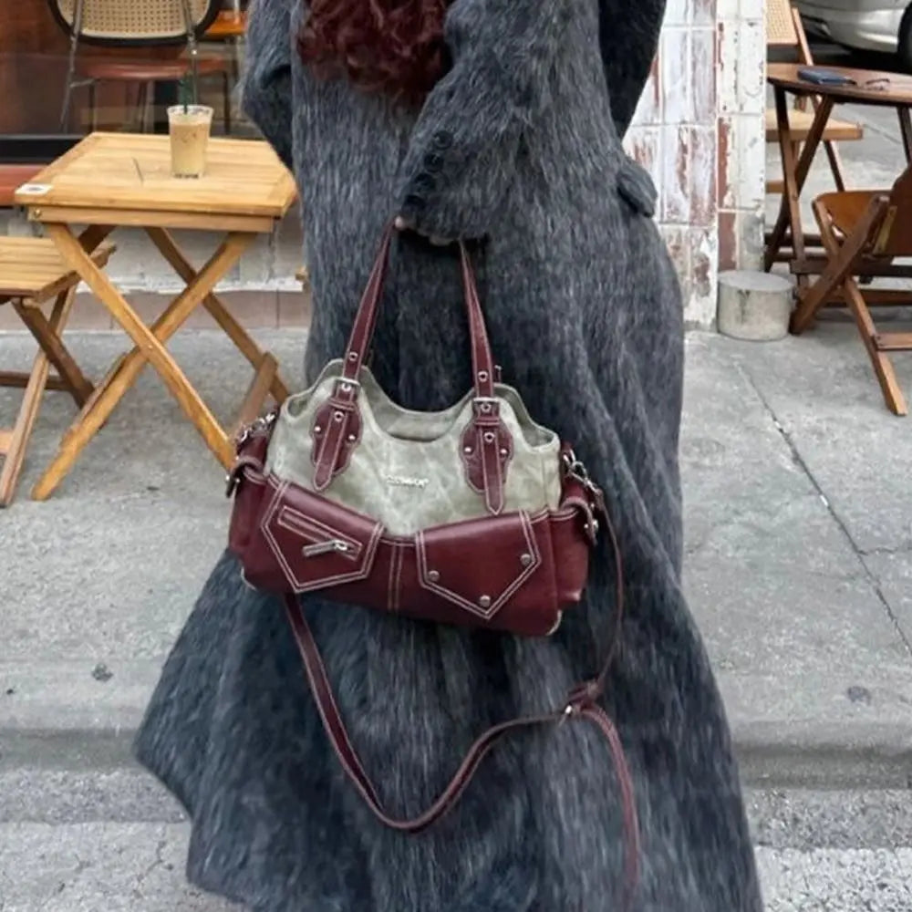 Women's Fashion PU Leather Shoulder Bag Large Capacity Crossed Color Cowboy Backpack Multifunctional Underarm Bag Casual Outing