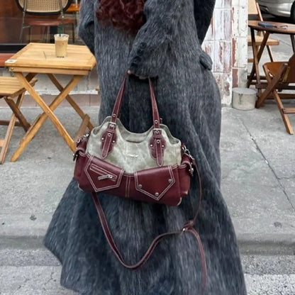 Women's Fashion PU Leather Shoulder Bag Large Capacity Crossed Color Cowboy Backpack Multifunctional Underarm Bag Casual Outing
