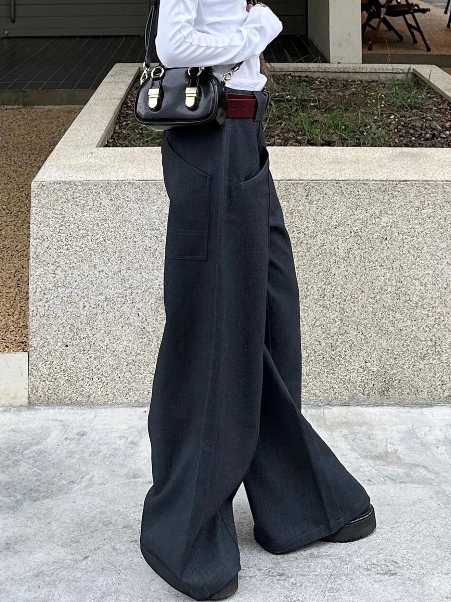 Retro Gray Solid Suit Pants Women Big Size Pleated Front High Waist Straight Wide Leg Trousers Cleanfit Work Casual Clothes