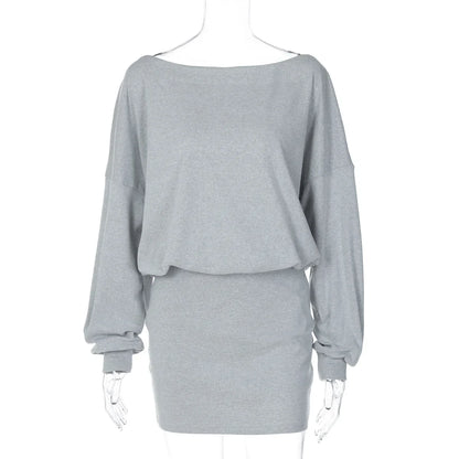 Women's Off-Shoulder Dress Solid Color Long Sleeve Elastic Waist Slim Fit Hip Wrap Mini Dress Fall Fashion Streetwear