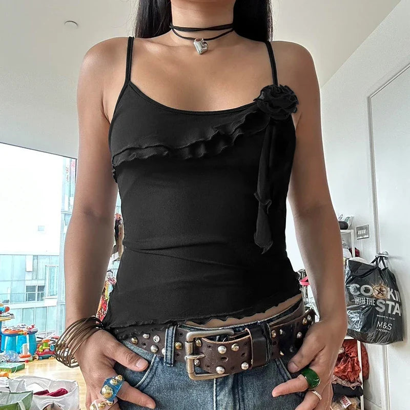 3D Floral Girl Feeling Double Layered Lace Suspender French Romantic Wave Edge Vest