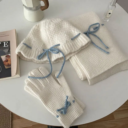 Knitted Scarf Gloves Caps Three Piece Set For Women&Men Winter Thicken Warm Bucket Hat Christmas Coldproof Hat Muffler Glove Set