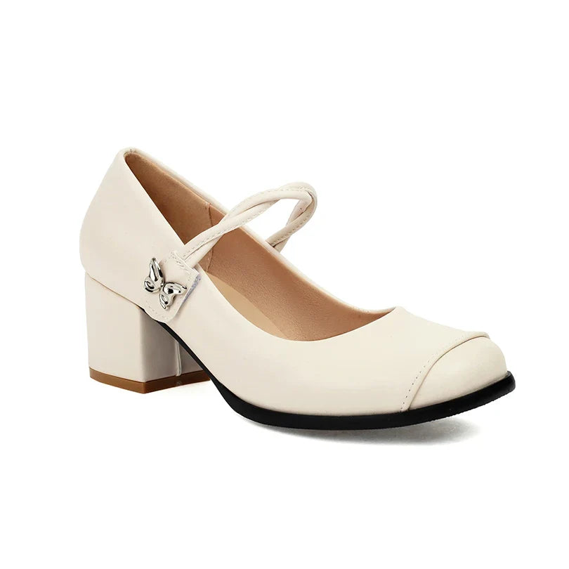 Plus Size Round Toe Thick Heel Metal Butterfly Decoration Office Lady's Shoes With Crossed Thin Straps And Shallow Mouth Pumps