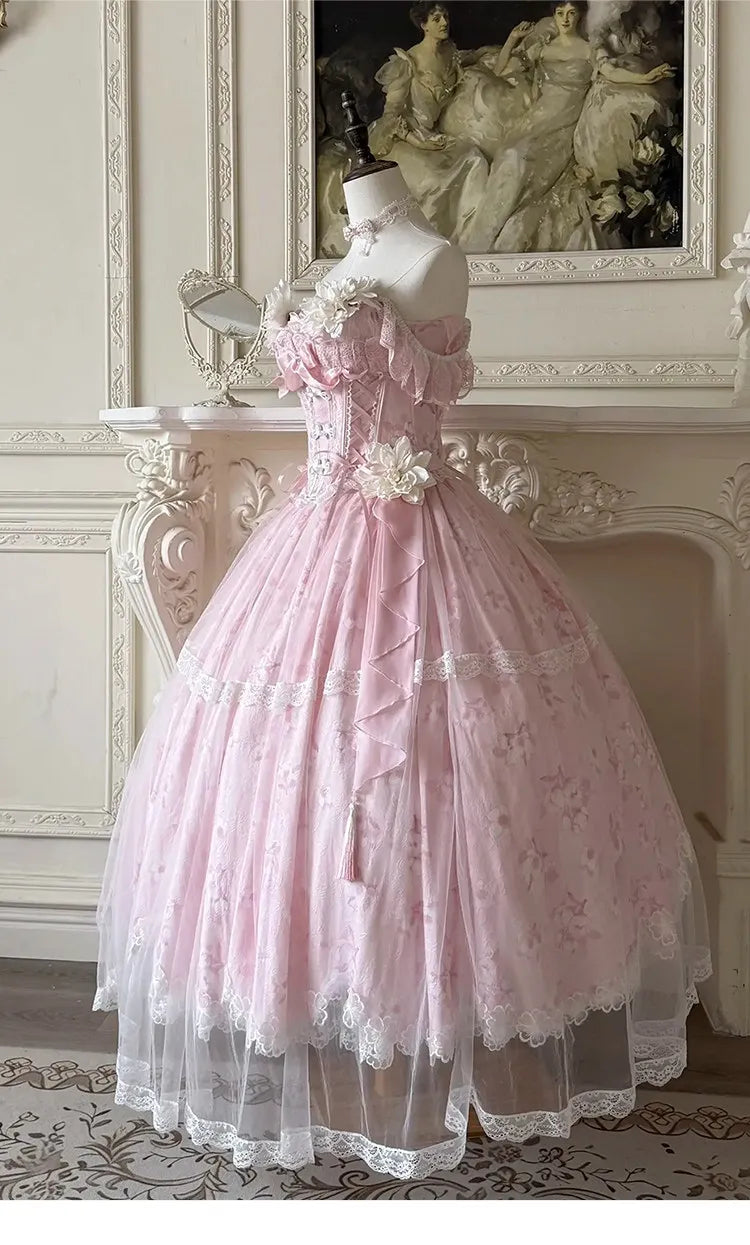 Summer New Women's Pink Green Flower Bow Slim Long Lolita Dress Coming-of-Age Birthday Banquet Princess Evening Dress