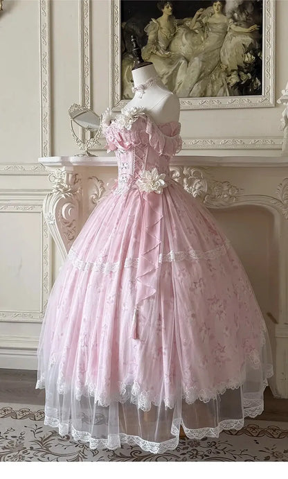 Summer New Women's Pink Green Flower Bow Slim Long Lolita Dress Coming-of-Age Birthday Banquet Princess Evening Dress
