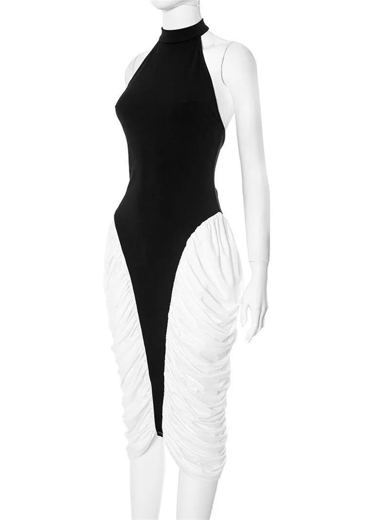 Halter Contrast Panel Gathered Side Bubble Midi Dress