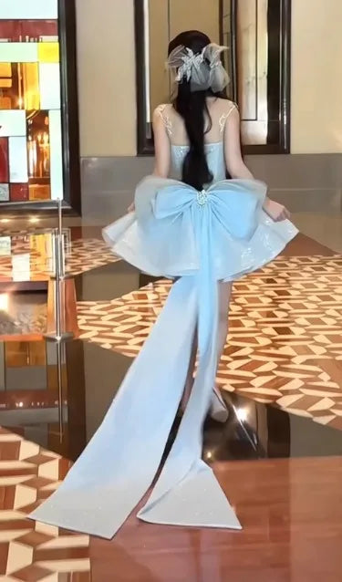 Summer New Blue Heavy Craft Engagement Short Dress Fairy Style High-End Light Luxury Birthday Party Host Dress