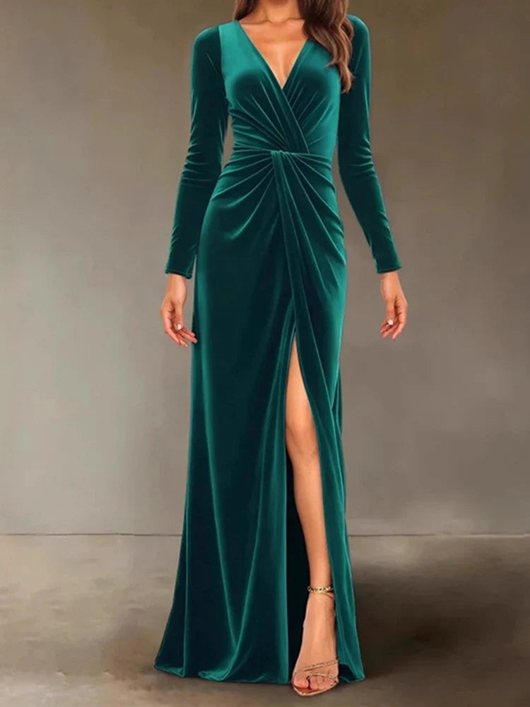 Velvet Dress for Women Autumn Winter New V-neck Slim Twist High Waist Evening Dress Sexy Solid Color Pleated A-line Dresses