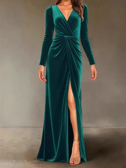 Velvet Dress for Women Autumn Winter New V-neck Slim Twist High Waist Evening Dress Sexy Solid Color Pleated A-line Dresses