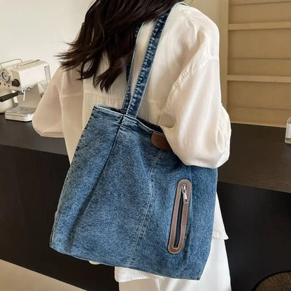 Large Capacity Denim Single Shoulder Bag New Fashion Versatile Tote Retro Commuting Casual Bags