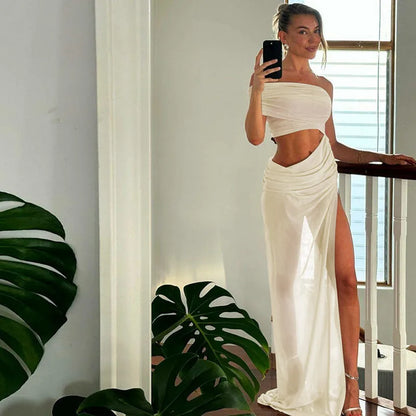 One Shoulder Mesh Draped Crop Top High Slit Maxi Skirt Set