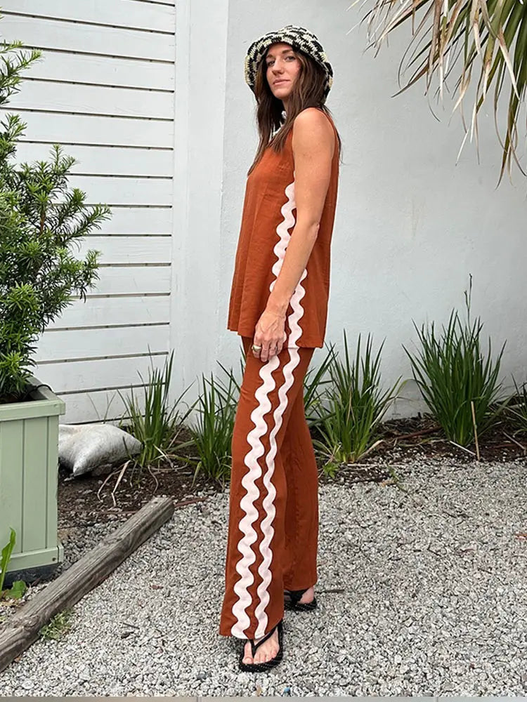 Casual Sleeveless Shirts Long Pant Woman's Set Versatile Loose O-neck Shirts High Waist Trousers Sets Female Spring Chic Outfits