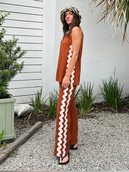 Casual Sleeveless Shirts Long Pant Woman's Set Versatile Loose O-neck Shirts High Waist Trousers Sets Female Spring Chic Outfits