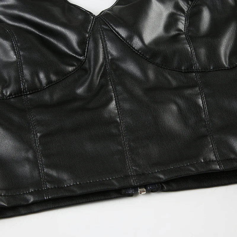 Gothic Halter V-neck Faux Leather Vest Y2K Backless Zipper Black Slim Crop Top Punk Style Women Sexy Tank Camis 90s