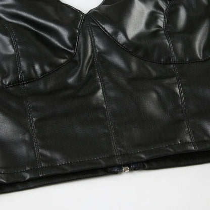 Gothic Halter V-neck Faux Leather Vest Y2K Backless Zipper Black Slim Crop Top Punk Style Women Sexy Tank Camis 90s
