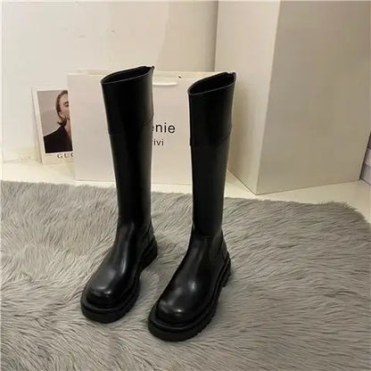 Middle Heel Platform Shoes for Woman Black Footwear Long Winter Knee High Shaft Round Toe Women's Boots Cosplay Pu Spring Autumn
