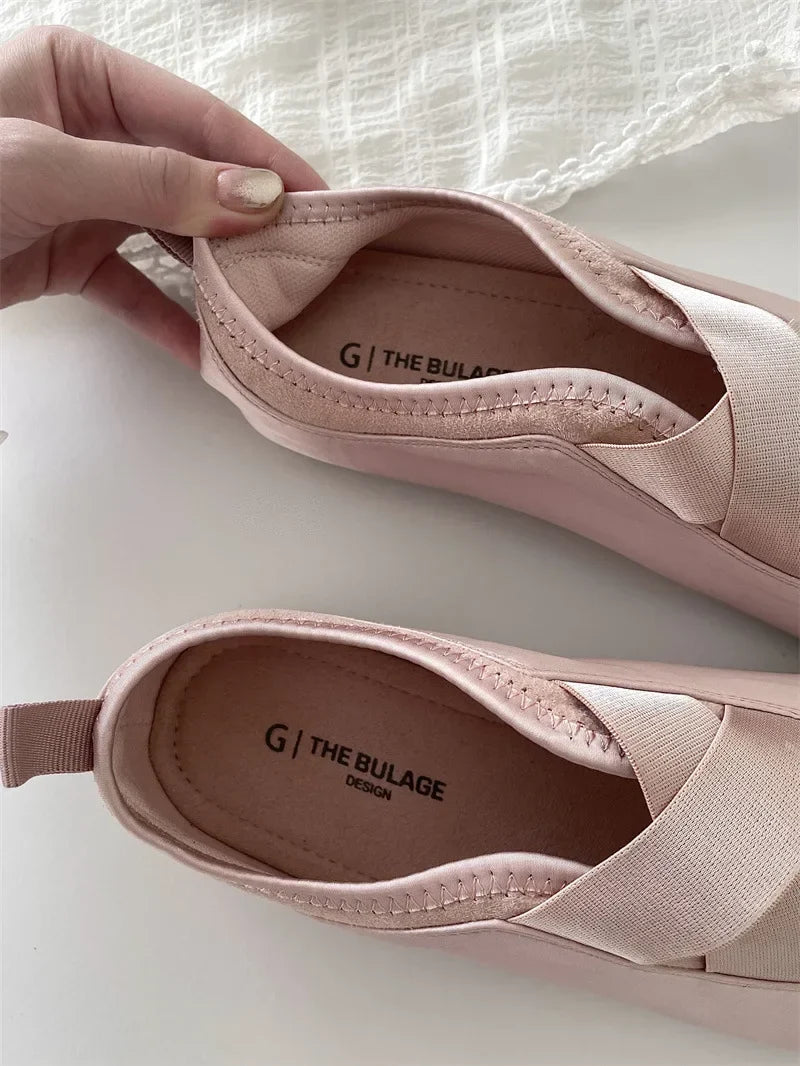 New Women's Ballet Slippers Pink Soft Sole Shallow Heel Round Head Fiberglass Fabric Retro Style Low Heel