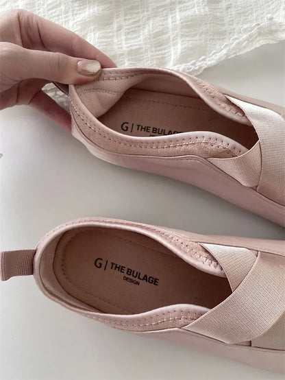New Women's Ballet Slippers Pink Soft Sole Shallow Heel Round Head Fiberglass Fabric Retro Style Low Heel