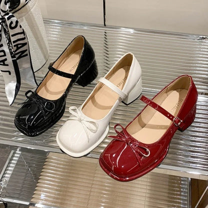 Vintage Patent Leather Thick Heel Women Mary Jane Shoes Concise Square Toe Shoes Spring Ladies Elegant Dress Party Pumps