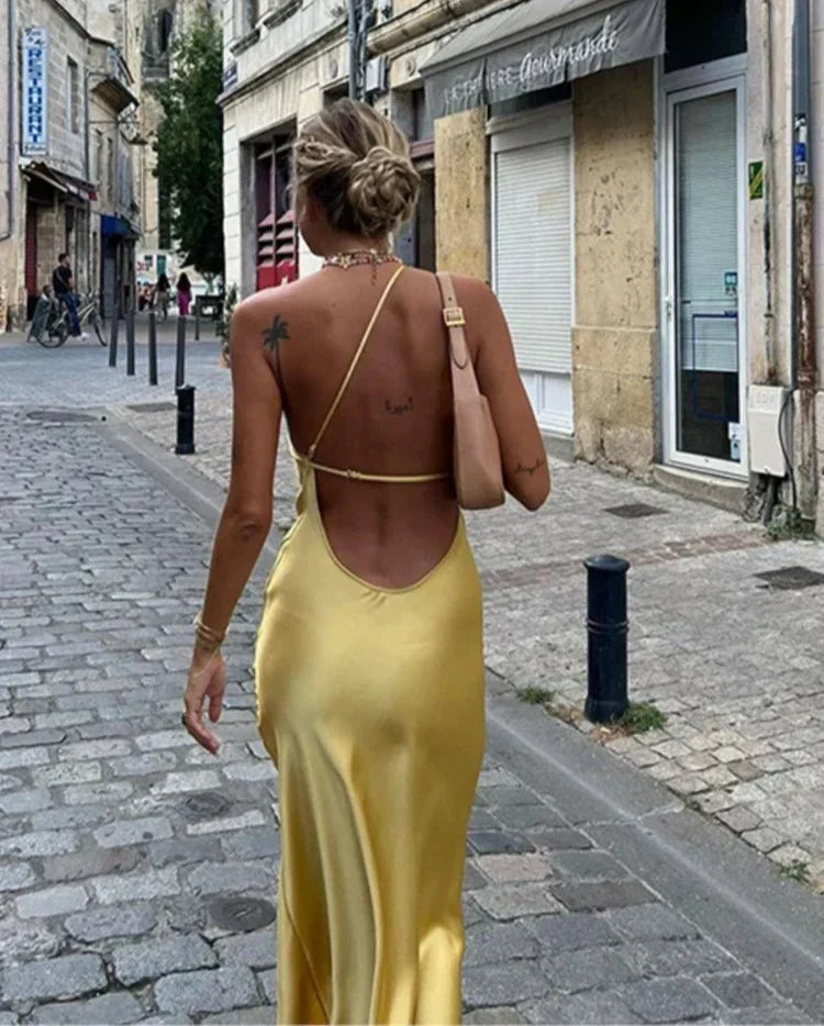 Asymmetric Strap Backless Slit Satin Maxi Dress