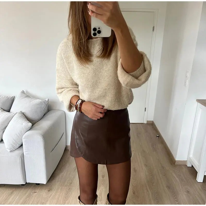 Leather Vintage Mini Skirt Women High Waist Straight Pants Zipper Skirts Female Autumn Chic Street All-match Solid Robe