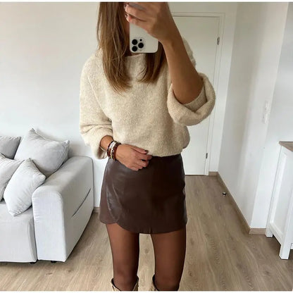 Leather Vintage Mini Skirt Women High Waist Straight Pants Zipper Skirts Female Autumn Chic Street All-match Solid Robe