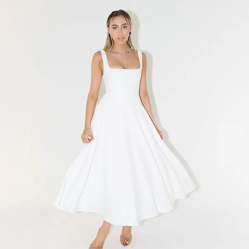 Square Neck Sleeveless A Line Fit and Flare Midi Dress